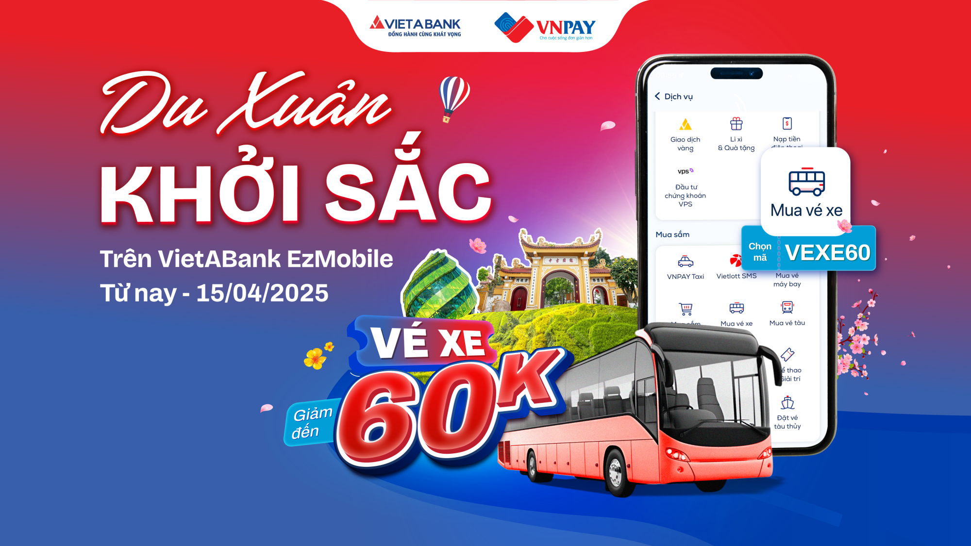 DU LỊCH ĐẦU NĂM, VÉ XE GIẢM ĐẾN 60K TRÊN VIETABANK EZMOBILE